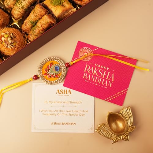 Image of ASHA SWEETS Rakhi Celebration Combo Pack with Baklava (250gm), 1 Handmade Rakhi & Wish Card Set for Gifting to Brother & Sister |Premium Rakhi Festive Gift Box for Family & Friends & Pets