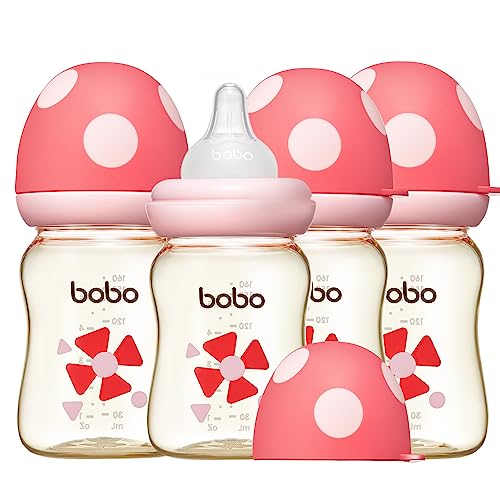 YOHKOH PPSU Baby Bottle Wide Neck, Newborn Anti-Colic Baby Bottle with Natural Response Nipple, Streamlined Body, Easy to Clean (5.4oz (Pack of 4), Red)