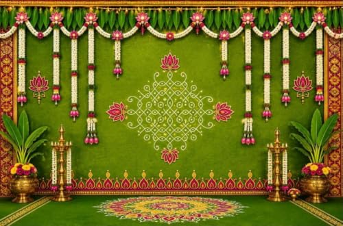 Image of Bride Backdrop Decoration | Housewarming Green Muggu Backdrop with Hanging White Jasmine and Pink Lotus Garlands 8x8 Feet | Lakshmi Backdrop Cloth for Decoration Pooja