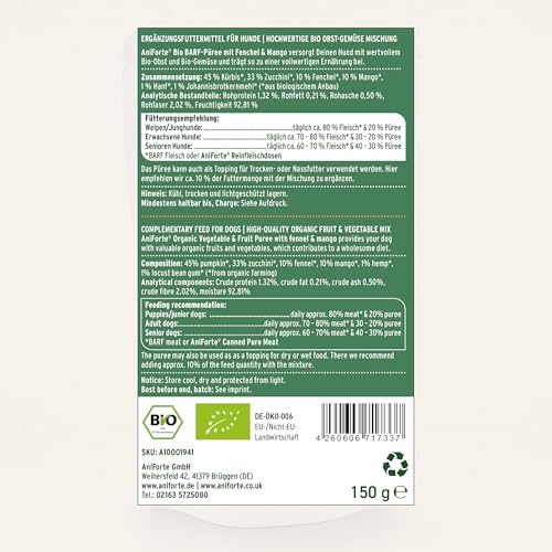 AniForte Barf-Püree - Bio Obst & Gemüse für Hunde 3er Set (3x150 g) - Futter-Topping zum Barfen, natürliche Barf Ergänzung