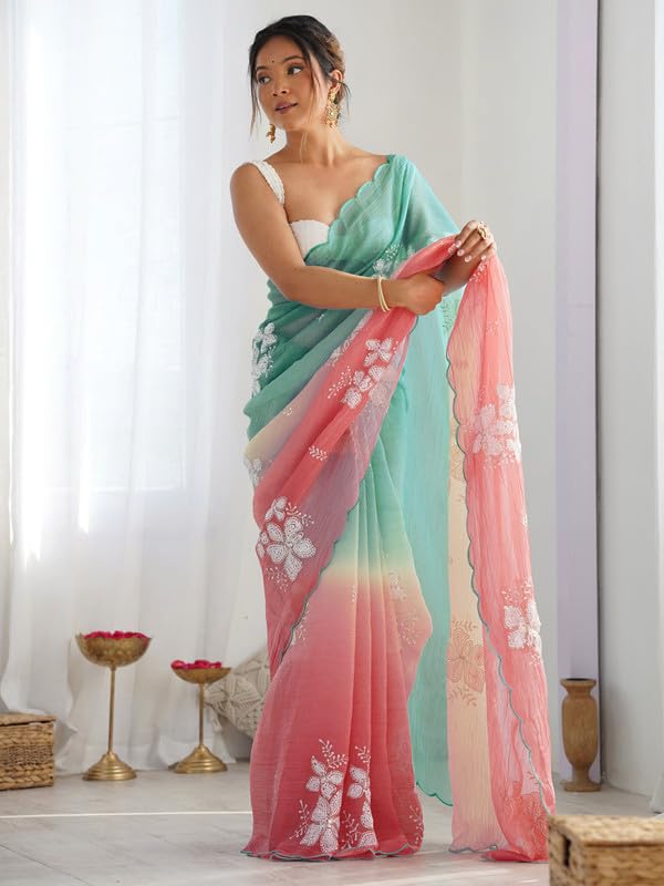 Image of Women's Orange-Yellow Ombre Saree with Floral Embroidery | Lightweight & Festive Saree | Elegant Ethnic Wear for Women