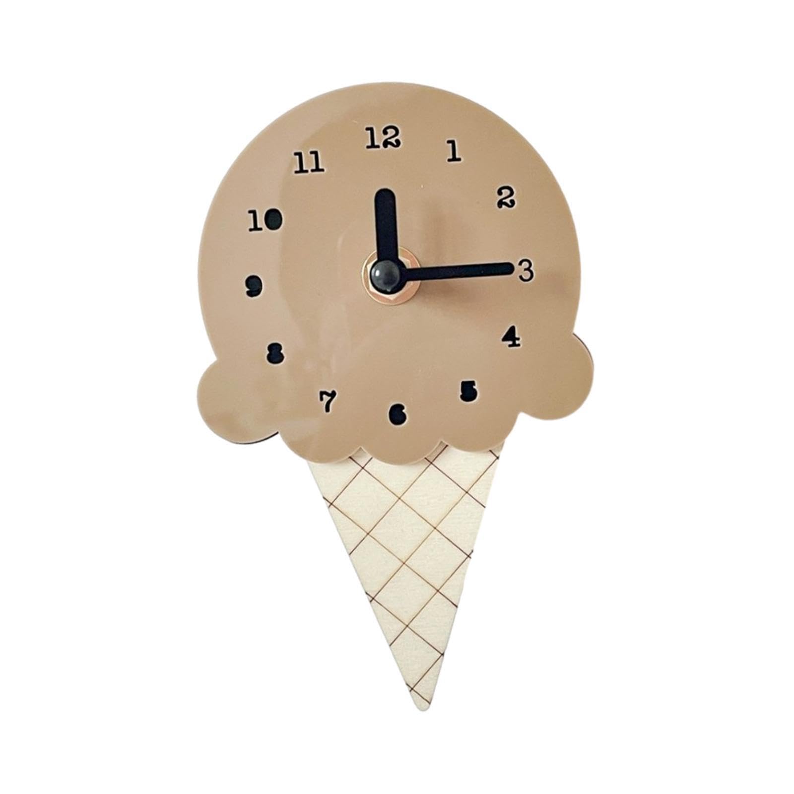 PIXZCSA Wall Clock Ice Cream Shaped Nordic Wooden Stylish Clock For Home Office Decor Gift Friends Making More Unique. Bedroom Decorating Children Room for, Brown, 15x9.4cm