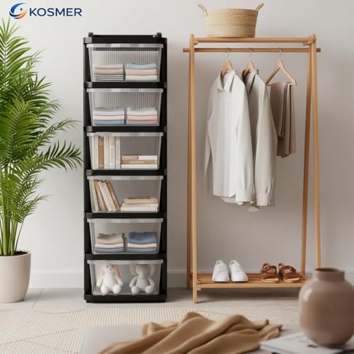 Image of 𝗞𝗢𝗦𝗠𝗘𝗥 𝟱 𝐏𝐀𝐂𝐊 Plastic Rack for Storage Cabinet with Wheels | Multipurpose Storage Almirah Wardrobe for Clothes, Toys, Kitchen Cupboard & Bedroom | Plastic Organizer with Transparent Doors