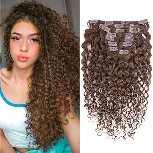 Wepwcod Curly Clip in Hair Extensions Real Human Hair 8Pcs With 18 Clips Clip in Hair Extensions for Women Curly Clip ins Soft & Natural 120g (Brown-JC, 16 inch)