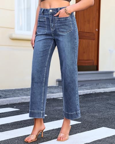 GRAPENT Wide Leg Jeans for Women Cropped High Waisted Trendy Patch Pocket Baggy Loose Straight Leg Stretchy Denim Pants - image 4