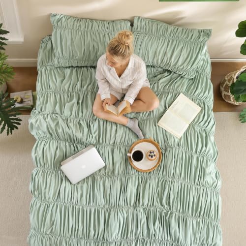 Image of weigelia Ruched Comforter Set Full Size, 3 Piece Sage Green Ruffle Bedding Comforter Set with 2 Pillowcases, Soft Lightweight Polyester Comforter for Girls Room, Dorm, Guest Room, Boho Bed Set
