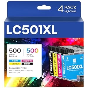 LC501XL Ink Cartridges High Yield Compatible for Brother LC501XL LC501 XL LC501 use with MFC-J1260DW, MFC-J1360DW, MFC-J1410DW Printer (Black, Cyan, Magenta, Yellow, 4 Pack)