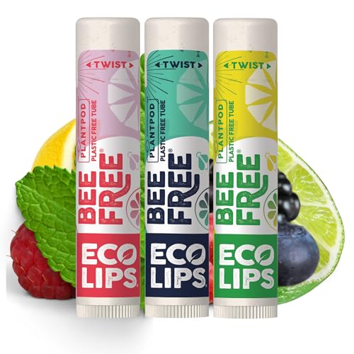 VEGAN LIP BALM By Eco Lips Superfruit / Sweet Mint / Lemon Lime 3 Pack Bee Free with Candelilla Wax, Organic Cocoa Butter, & Organic Coconut Oil. Soothe & Moisturize Dry, Cracked and Chapped Lips