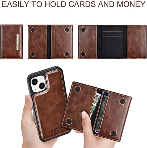 Image of PULOKA Wallet Back Case - Compatible with iPhone 13 - Vegan Leather Phone Cover - Detachable Card Holder Case with Kickstand - Shockproof, Anti Scratch & Raised Edges for Protection - Brown
