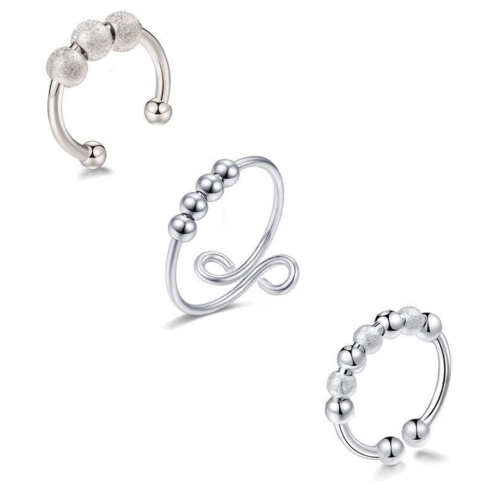 3 Anillos Fidget De Ansiedad Ajustables - Anillos Giratorios De Plata Con Cuentas - Antiestrés Para Mujeres Y Hombres - Regalo Original Para Aliviar El Estrés En El Trabajo Y El Estudio