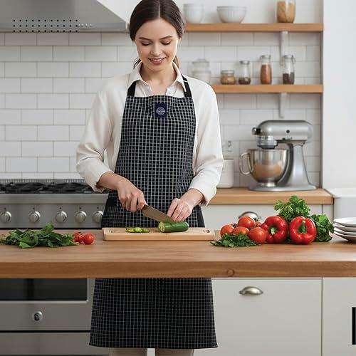 Image of Encasa XO 100% Cotton Apron Set for Women & Men with Adjustable Apron, Oven Gloves & Pot Holder (Pack of 3) Combo, Heat-Resistant, Soft & Durable for Cooking, Baking & Grilling (Butcher Checks Black)