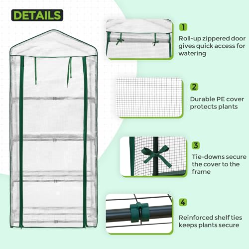 Image of EAGLE PEAK 4-Tier Mini Greenhouse Portable Green House with Shelves & Weather-Resistant PE Cover, Small Greenhouse for Seedlings & Gardening Gifts, 27x19x64 in, Clear /White