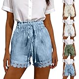Womens Shorts Lace Trim Boho Beach Cover Up Short Pants Summer Casual Loose Elastic Waist Bottoms with Drawstring（Blue，X-Large