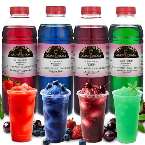 Bacchus Brew 4×0 75L (1:5) Slush Sirup für Ninja Slush Maschine Slush Eis Sirup für Slush Eis Maschine Slushy Sirup für Slushy Maker Blaubeere & Erdbeere & Kirsche & Waldmeister Sirup