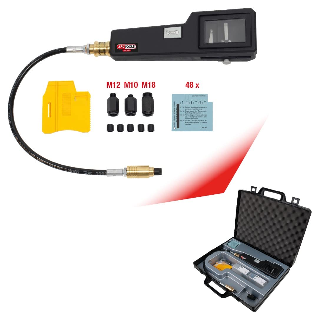 KS Tools 150.1653 Aparato de comprobación de presión de compresión para motores de gasolina con registrador de diagrama, 58 pzs