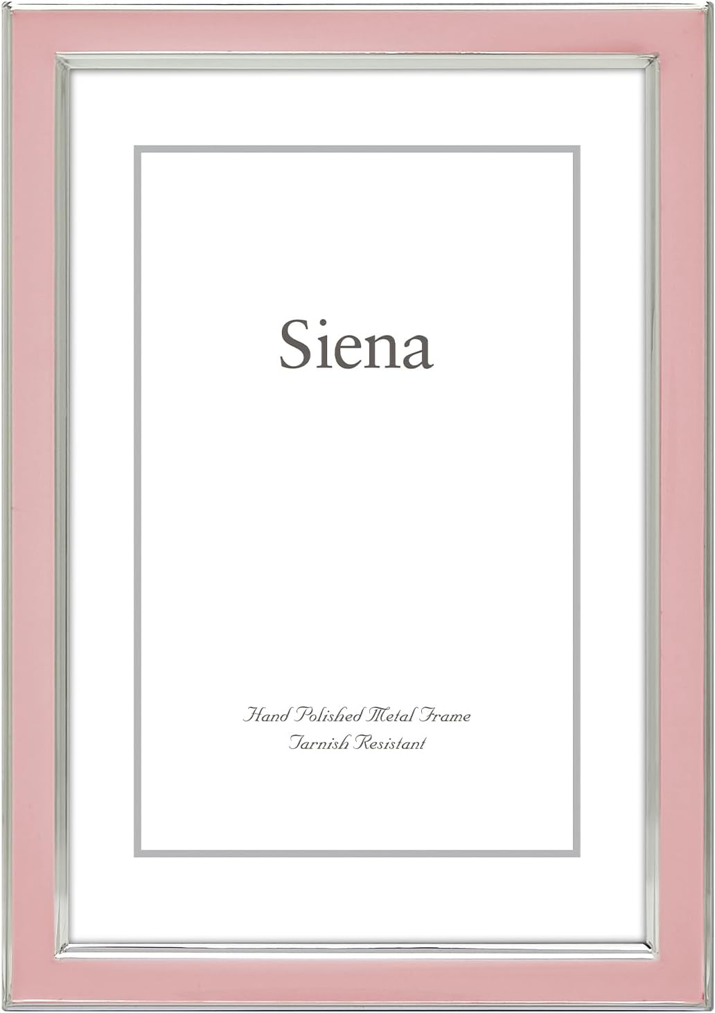 Siena Silver & Enamel Picture Frame, Tarnish Resistant Finish, Perfect Photo Frame for any End Table, Credenza, Shelf, or Nightstand, Silver Trim, Pink, 5x7