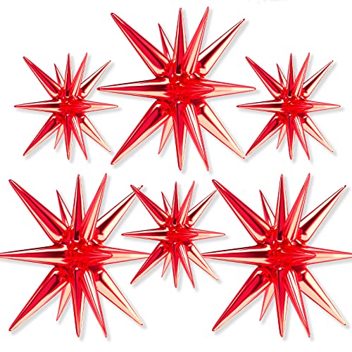 Partywoo Star Balloons 6 Pcs, One-Piece 14-Pointed Red Star Explosion Balloons With Ribbons, Red Point Star Foil Balloons, Large Mylar Balloons Fireworks Shape For Wedding Anniversary (27 & 22 Inch) #TOP5