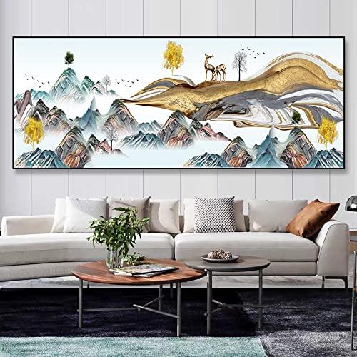 Impression sur toile montagne et cerf abstrait 50x150cm pour salon