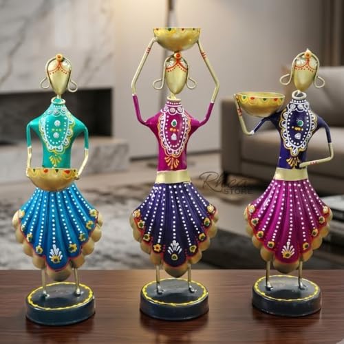 Image of Rajasthani Showpiece Set of 3 | Handcrafted Metal Table Decor | 11x5x2 Inch, 300g Each | Traditional Home Decoration Items for Living Room | Ethnic Figurine & Housewarming Gift