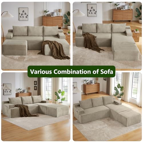 Image of 96.1 inch Modular Sectional Sofa with Ottoman, Modern Corduroy Cloud Couch, Boneless Couch Upholstered 3-Seater U-Shaped Sofa for Living Room, No Assembly (Camel, Right-Facing Chaise)