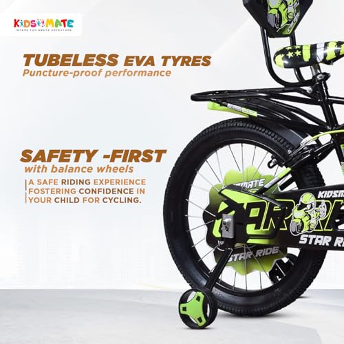 Image of Kidsmate Star Ride 20T Kids Bicycle with Training Wheels | Cycle for Kids Featuring Front Basket, Adjustable Seat & Strong Steel Frame | Perfect First Ride Kids Cycle for 7-10 Years - Neon Green
