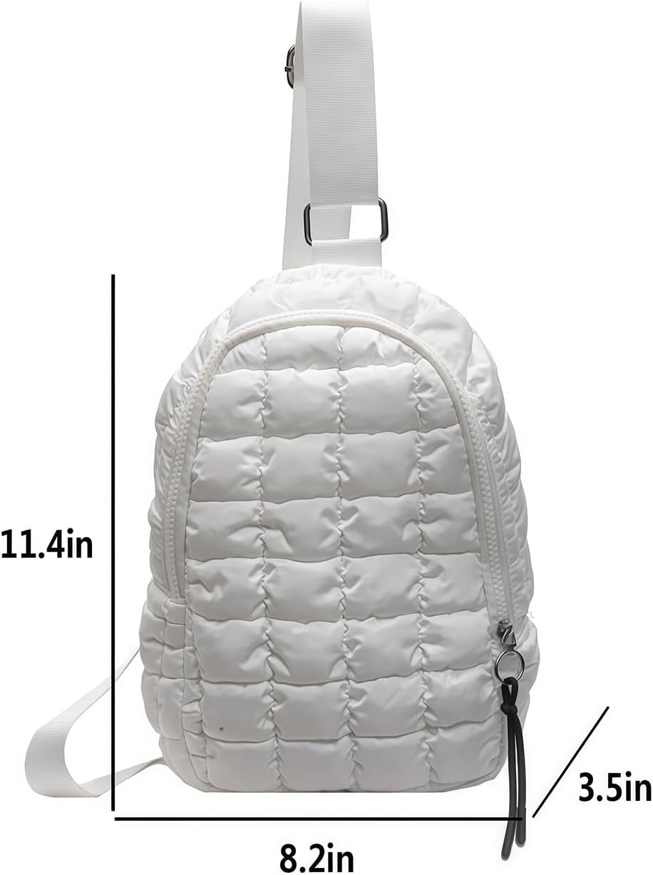 Puffer Bag Quilted Sling Backpack for Women Men Puffy Nylon Daypack Crossbody Chest Purse,White