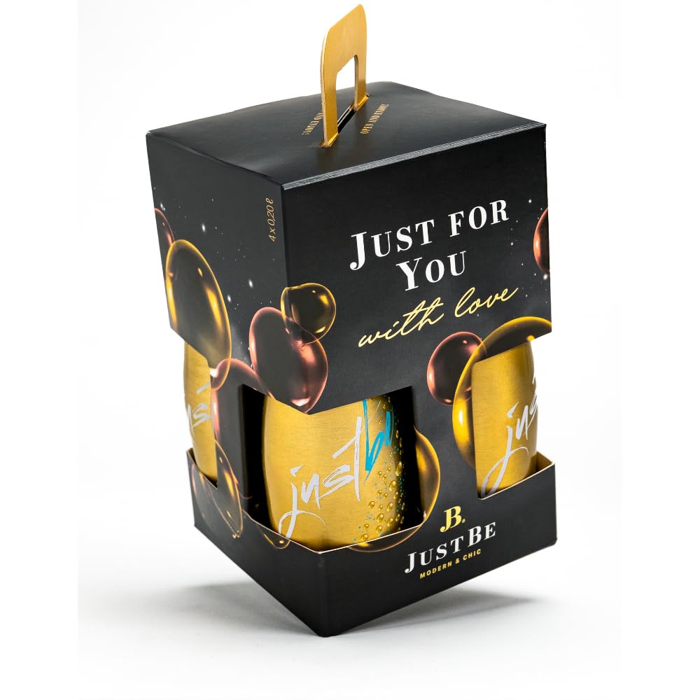 JustBe Geschenkset Alkoholfrei | Piccolo frizzante l Alkoholfreier Piccolo 4 x 0,2l - Geschenkbox, Mitbringsel (Gold, Black Edition)