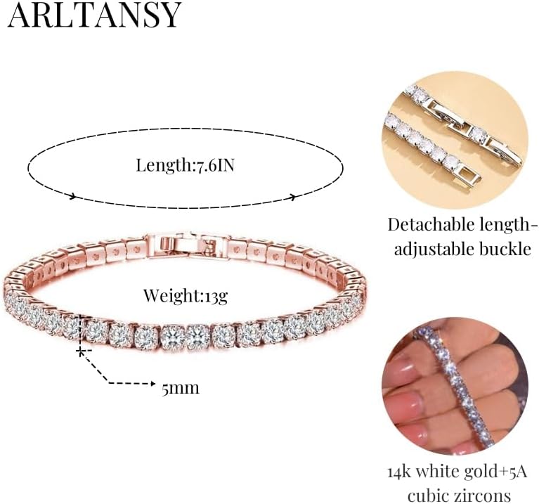 14K White Gold Plated 5mm Cubic Zirconia Tennis Bracelet for Women and Men, Classic Silver Diamond Tennis Bangle Bracelets, Adjustable Detachable 7.6IN Length, Suitable for Everyone - Image 3