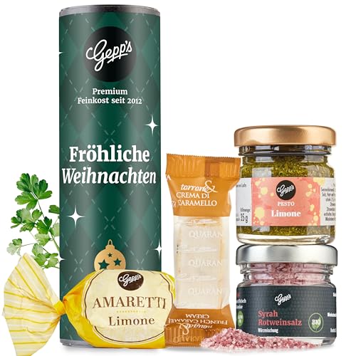 Gepp‘s Feinkost Weihnachts-Geschenk „Frohe Weihnachten“ I Kleines Geschenkset Weihnachten mit köstlichen Delikatessen I Mit italienischer Pesto Limone, Bio...