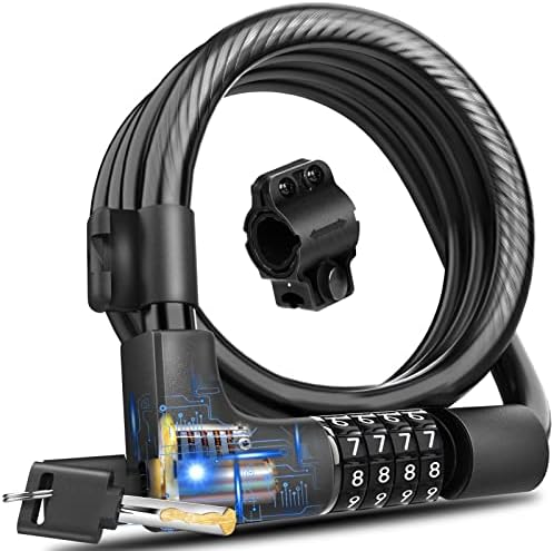 KEYSTP Bike Lock Cable with Combination & Key, Password Lost Retrievable Bicycle Lock Anti-Theft, Coiled Secure Resettable Bike Combination Lock with Mounting Bracket for Bikes and Scooters