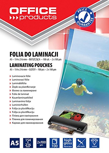 OFFICE PRODUCTS Pochette De Plastificatio Brillantes A5 / 2 x 100 micron/brillant/Pack de 100 Feuilles - 100 Pièces/Transparent/Pochette plastifieuse