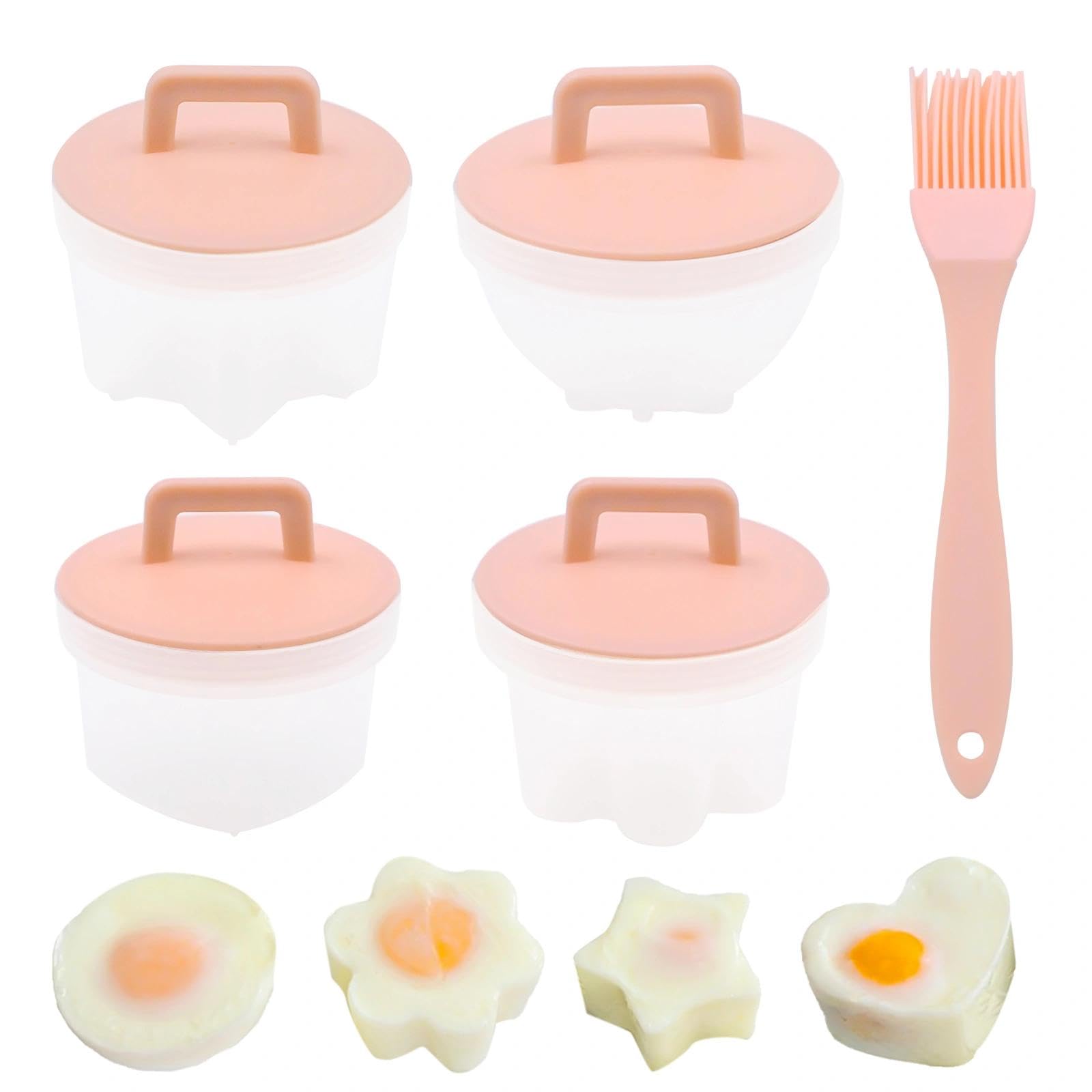 4 Stück Eierkocherform Set, Eierkocher mit Deckel und Ölpinsel Eierkocher Eierpochierbecher Nicht klebrig Eierkocher Set Omelettformkocher (Rosa)
