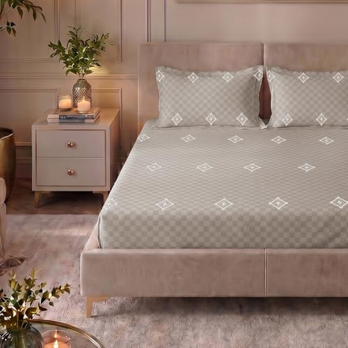 Image of Urban Space 100% Cotton 300TC Jacquard Embroidered bedsheets for King Size Bed, Pure Cotton King Bedsheet, Checks bedsheet King Size with 2 Pillow Covers (108 inch x 108 inch, Diamond Soft Brown)