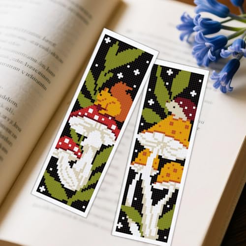 Image of ACRNIGHEET 6PCS Cross Stitch Bookmark Kit for Beginner Stamped Cross Stitch Kits for Adults Mushroom DIY Embroidery Bookmark Kits Needlepoint Kit with Instructions Hand Craft Gift 8.5''x3'' 11CT