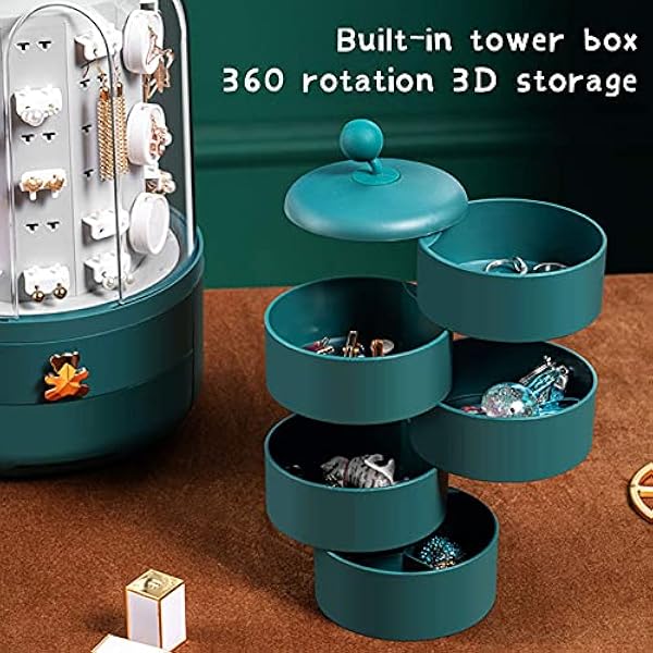 qiuqiu Roterende sieraden-organizer, ronde toren-sieraden-opbergdoos met 39 haken, halsketting, armbandring, oorring, kleine voorwerpen, displayhouder-groen||01