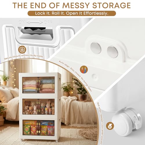 MOONEDGE 105 QT Stackable Storage Bins with Doors & 3 Lids on Lockable Wheels, Foldable Collapsible Storage Cabinet, Clear Plastic Bins for Clothes, Garage, Closet & Basement — view 3
