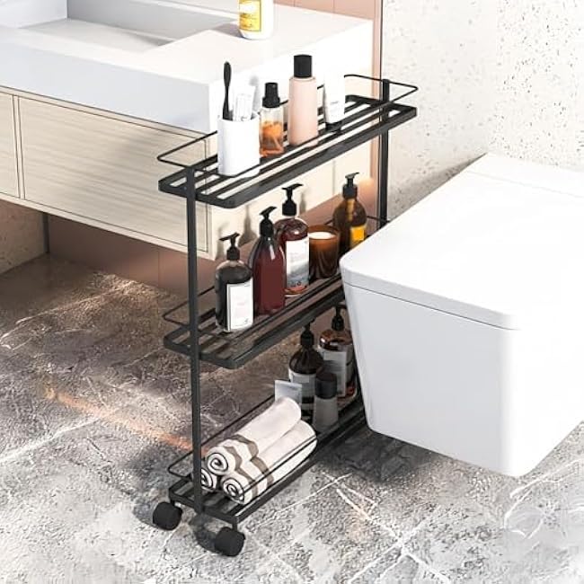 3-Tier Rolling Metal Storage Cart with Wheels - Space-Saving Utility Rack for Kitchen, Bathroom, Laundry Room - Durable Black Organizer-FrSapro7