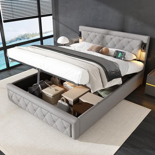 OKMYHOME Cama con cajón, 160 x 200 cm – Cama doble para adolescentes y adultos con almacenamiento hidráulico LED y puerto USB, cabecero de diamante sin colchón, color gris lino