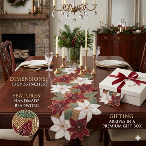 Image of Beautiful Beaded Table Runner Craftsmanship |Pack of 1 Measure 13 * 36 Inches| Thanksgiving - Occasional Decoration ( Multi Color Multi Flowers Grey )