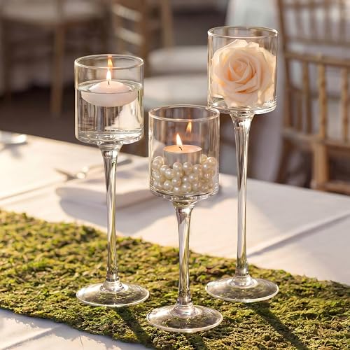 NUPTIO Tealight Candle Holders Glass: Set of 3 Long Stemmed