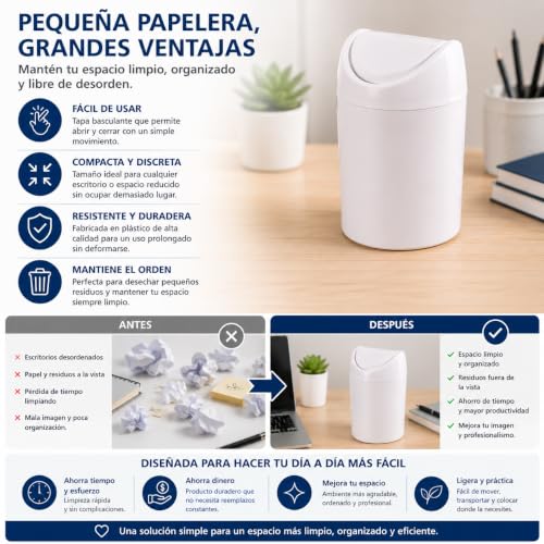 Miniatura 7 de Cablepelado Papelera Basculante Plástico Para Mesa, Mini Basurero De Mesa, Cubo De Basura Para Escritorio, Papelera De Oficina Pequeña, Papelera De Plástico Con Tapa Basculante, 1.4 Litros, Rosa