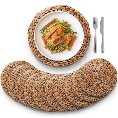 (Sizes: 12'-13'-14') BLUEWEST Woven Placemats 13'' (Set of 10), Brown Round Rattan Water Hyacinth Table Mats, Braided Non-Slip & Heat-Resistant Design for Dining Table