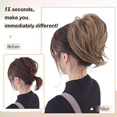 Barsdar Hair Bun Ponytail Extension, Straight Synthetic Hairpiece Fully Short Ponytail Bun Extensions Hair Accessories Elastic Easy Scrunchie For Women（ Light Golden Brown & Pale Golden Blonde Evenly #TOP3