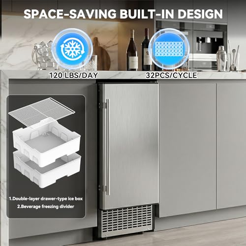 Image of SOZT Under Counter Ice Maker with Refrigerator Function, 120LBS /24H Commercial Ice Machine, No-Melt Ice Storage, 24H Timer & Self-Cleaning, Built-in /Freestanding for Home Bar Cafe Restaurant