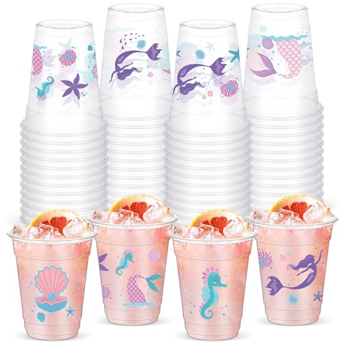 Yaomiao 50 Pieces Mermaid Party Cups Bulk 12 Oz Disposable Plastic Under the Sea Drinking Cups Mermaid Tail Shell Starfish Beverage Mugs for Ocean Birthday Baby Shower Party Supplies (Cute)