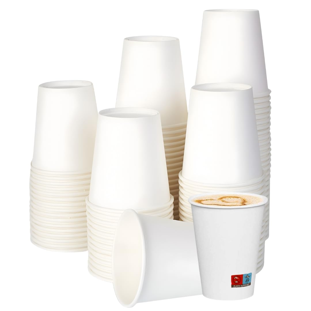 Disposable White Paper Cups | Durable, Thermal Cups for Cappuccino, Herbal Tea, Cocktails Drinks Takeaway | Eco-Friendly, Compostable, Recyclable for Bars, Events, Offices, Catering (8oz (100 Pcs))