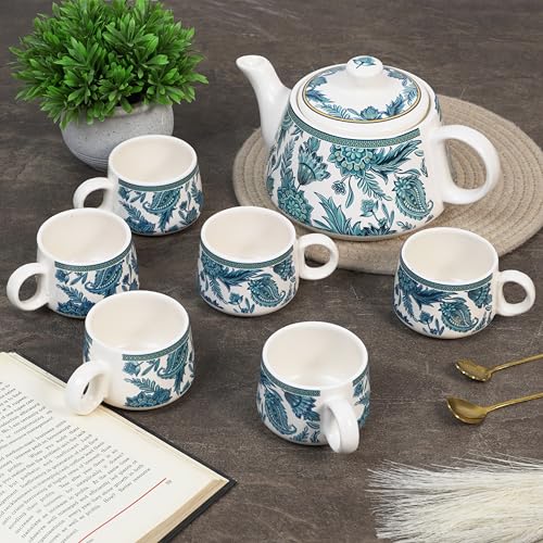 Image of CRAF10 Handcrafted Ceramic Stylo Blue Teapot Cup Set - 1 Kettle (1 Litre) & 6 Cups (160 ML), Microwave & Dishwasher Safe | Morning Set | Tea Sets with Kettle for Gifting