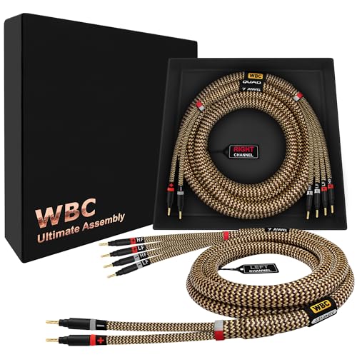 WORLDS BEST CABLES 8 Foot Ultimate - 7 AWG - Ultra-Pure OFC – Extra Premium Audiophile HiFi Bi-Wire Speaker Cable Pair with Eminence Gold Banana Plugs & TnBrwn Tweed Jacket