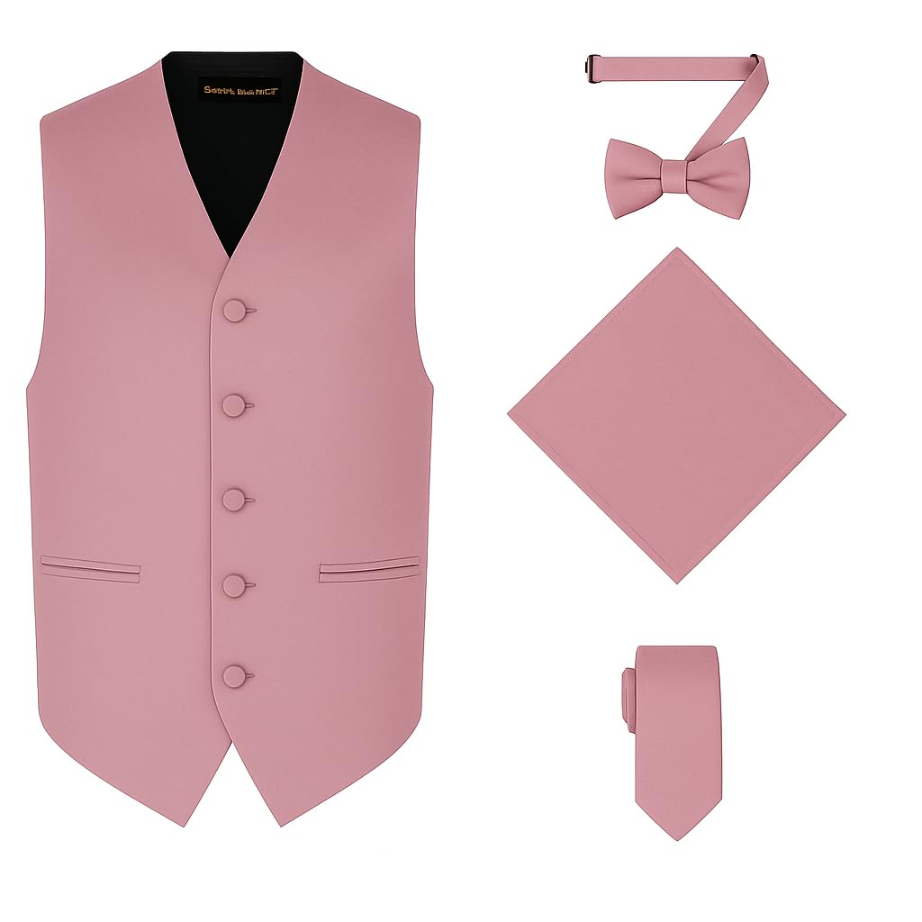 Oliver George 4pc Men's Solid Formal Suit Waistcoat Tuxedo Dress Vest Necktie Bowtie Handkerchief Set for Suit or Tuxedo