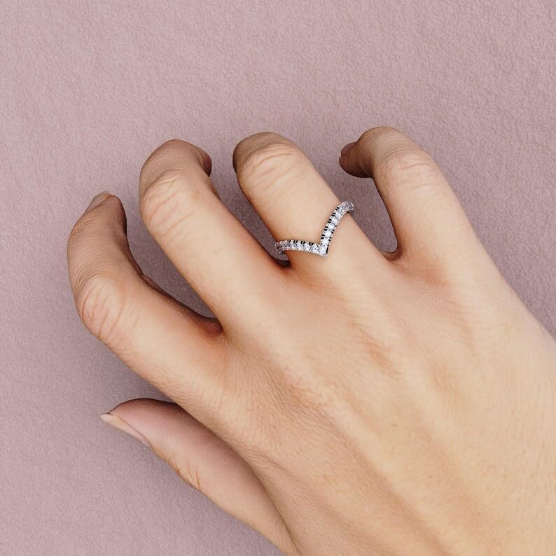 14k Gold Diamond Wedding Band for Women V Shape Curved Stacking Ring Dainty Pavé Diamond Contour Ring Delicate Gold Band for Her Anniversary or Bridal Jewelry3
